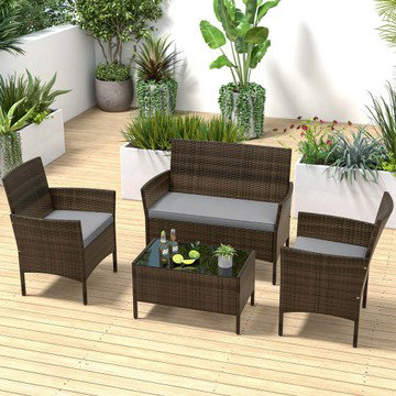 4-Piece Rattan Brown Patio Furniture Set w/ Tempered Glass Coffee Table