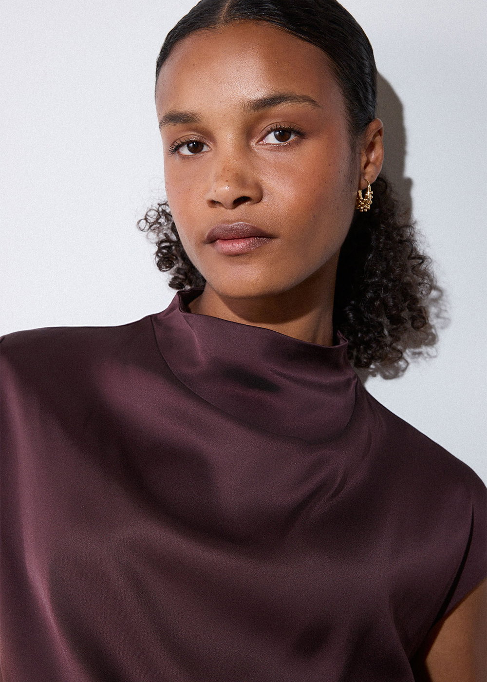 Burgundy Cowl Neck Satin Sleeveless Top