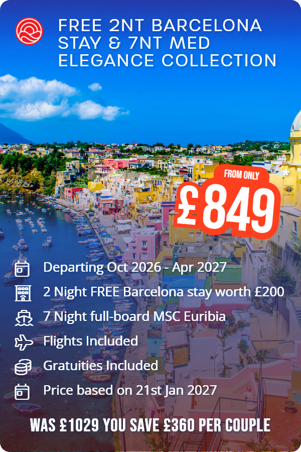 FREE 2nt Barcelona stay & 7nt Med Elegance Collection – Smart Holiday promotional image. From £849 Includes: Departing Oct 2026 - Apr 2027, 2 Night FREE Barcelona stay worth £200, 7 Night full-board MSC Euribia, Flights Included, Gratuities Included, Price based on 21st Jan 2027. WAS £1029 YOU SAVE £360 PER COUPLE