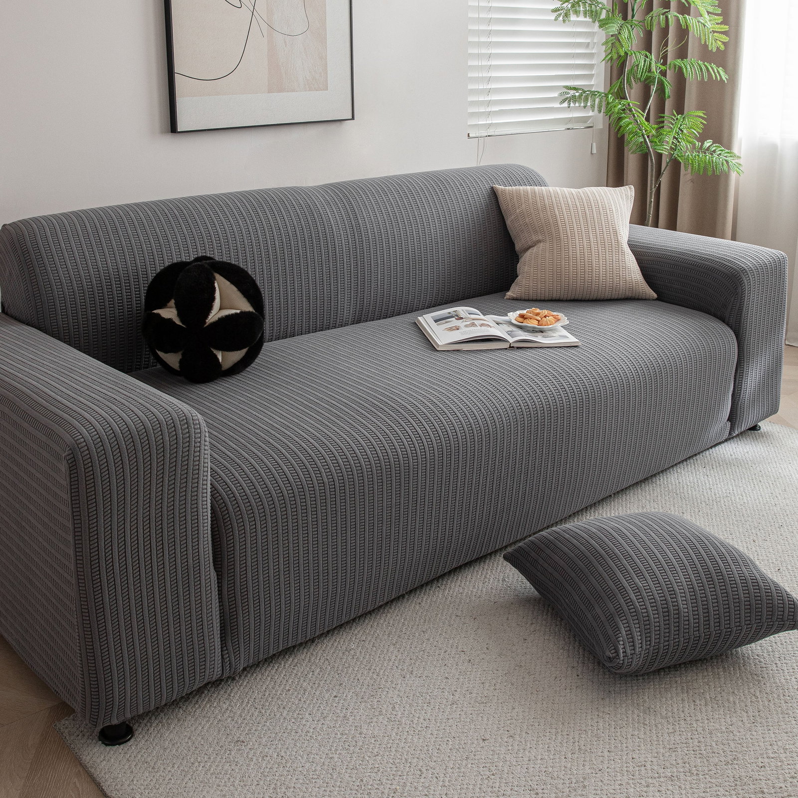 Image of 3d Grid Jacquard Sofa Cover, High Stretch Plush Waffle Couch Slipcover With Tie Straps