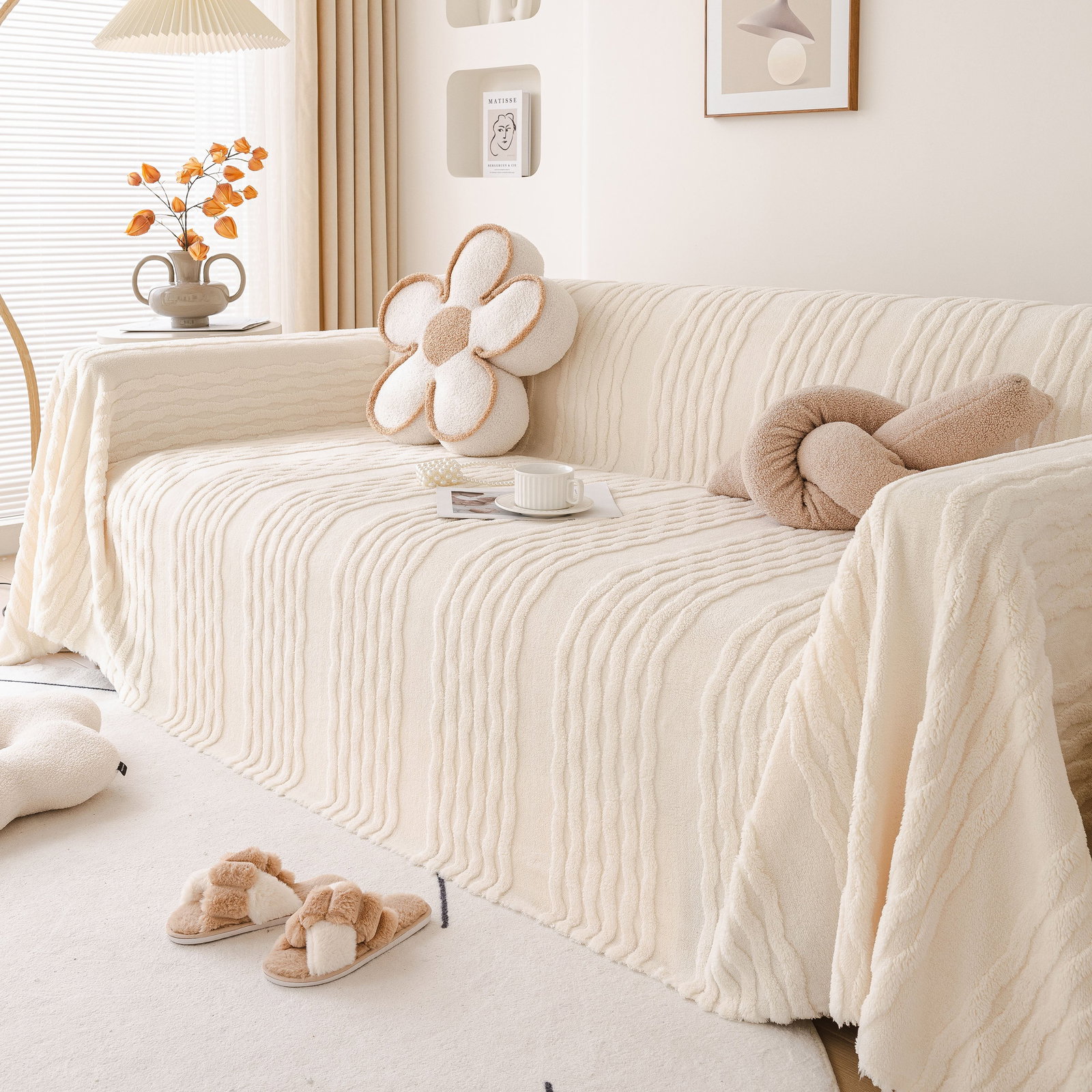 Image of Modern 3d Water Ripple Sofa Cover, Non-shedding Cream Style Furniture Protector Throw