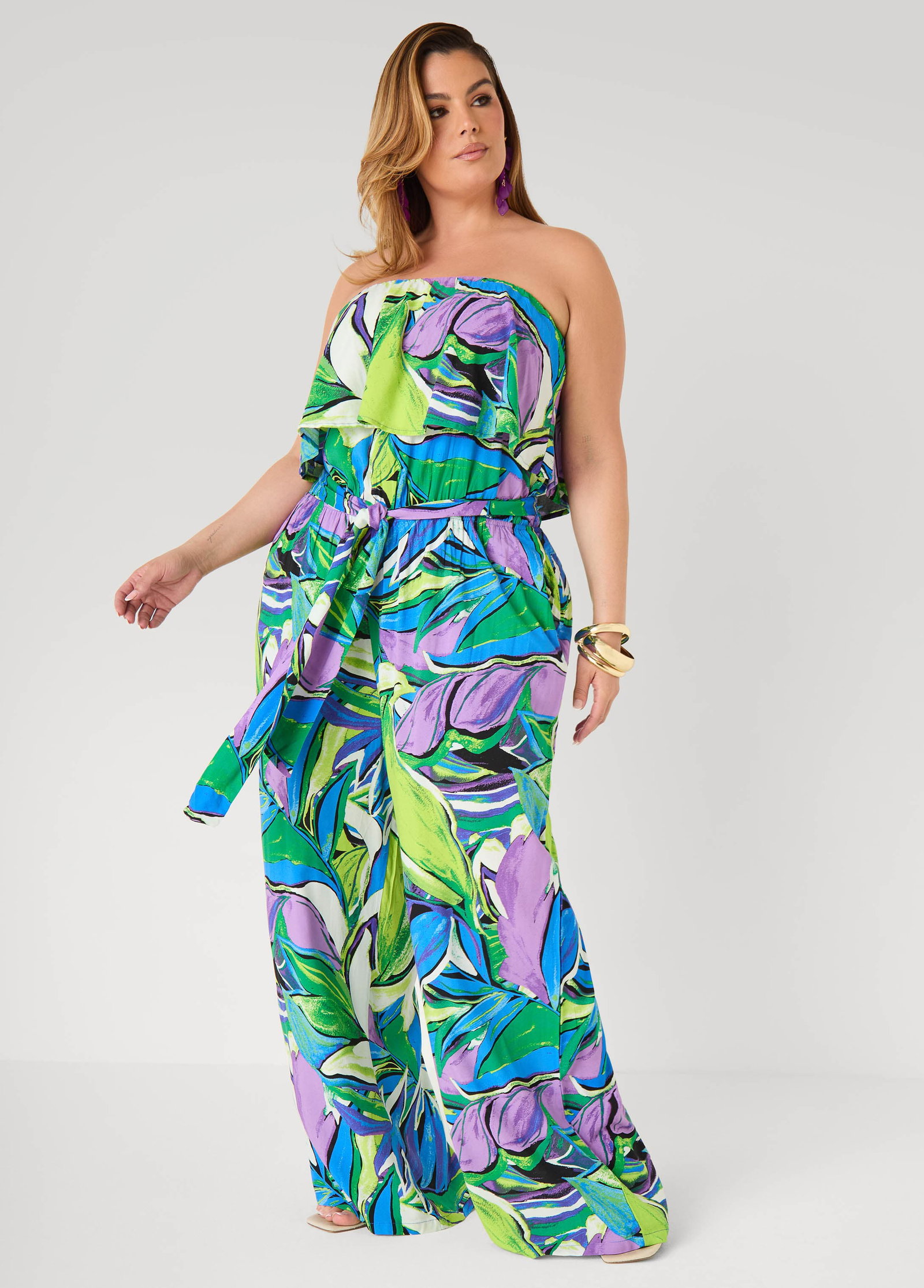 Strapless Leaf Print Jumpsuit