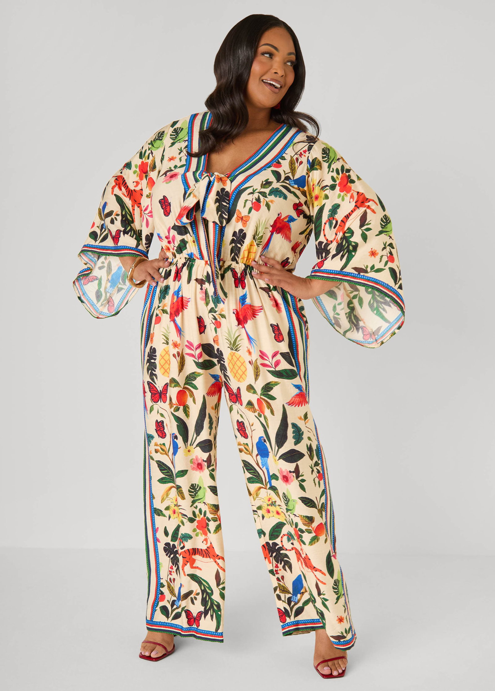 Tie Front Tropical Print Jumpsuit