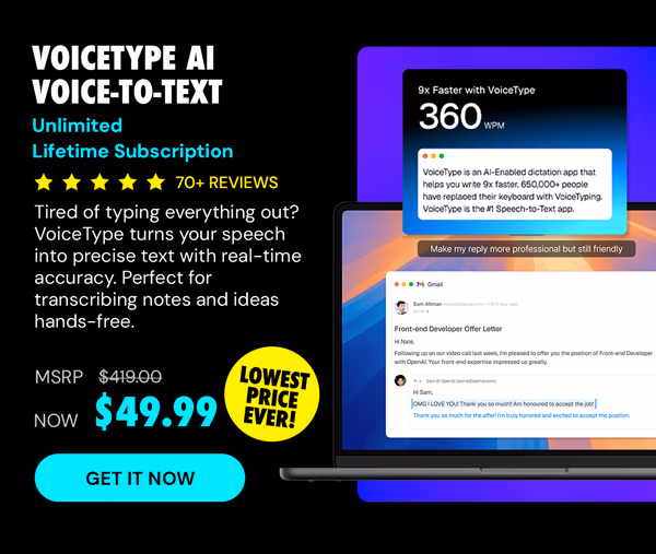 VoiceType AI Voice-to-Text: Lifetime Subscription (Unlimited Words/Month)