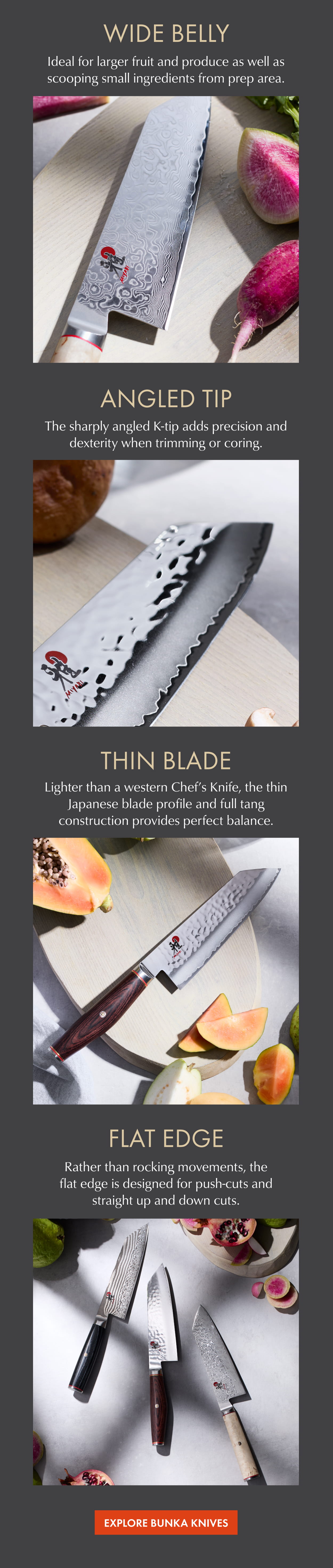 Wide belly, angled tip, thin blade, flat edge—the Bunka Knife.