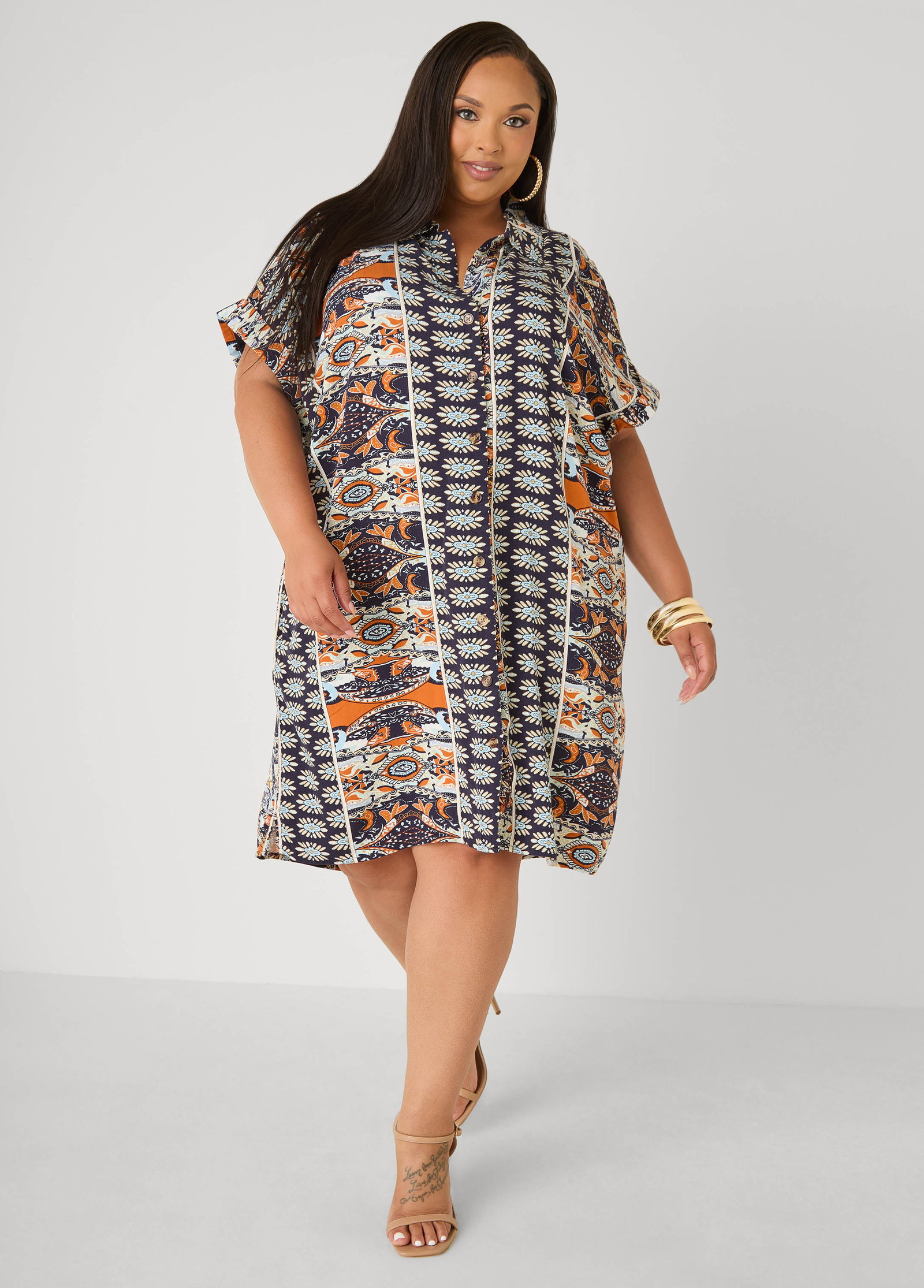 Cuffed Paisley Print Shirtdress