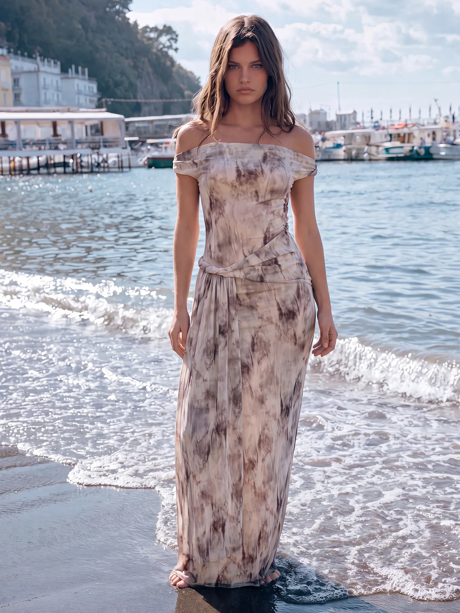 Image of Off The Shoulder Mesh Tie Waist Maxi Dress