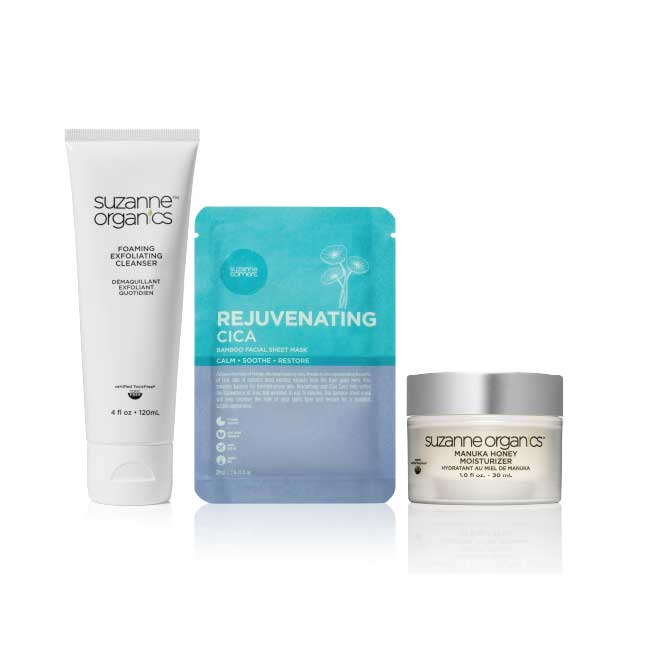 Image of Foaming Exfoliating Cleanser + Cica Sheet Mask + Manuka Honey Moisturizer