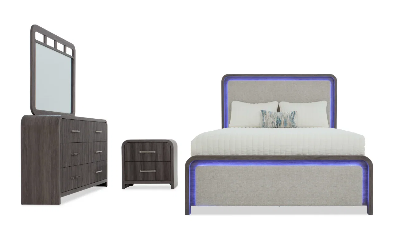 Cascade 4 Piece Full Gray & Beige Upholstered Panel Bedroom Set