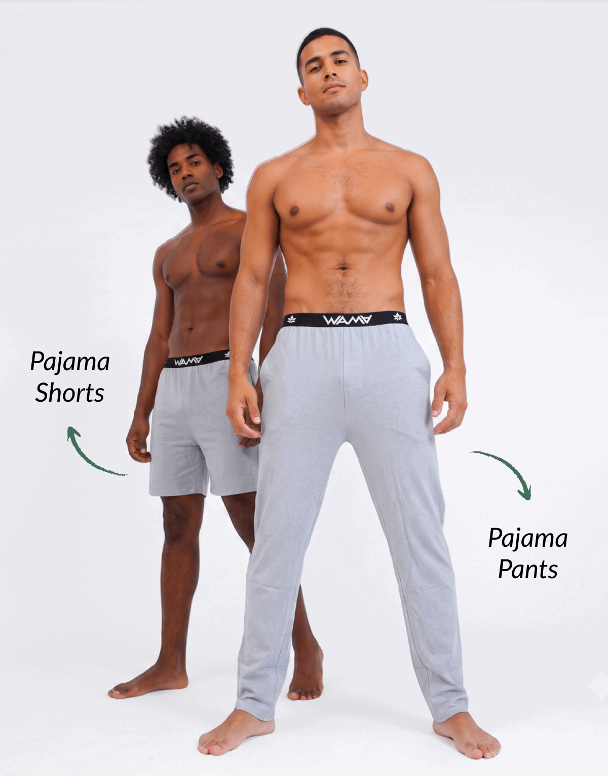 Male models wearing WAMA Pajama pants & shorts