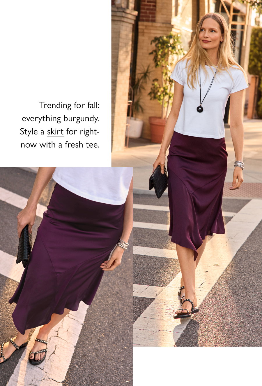Image of model in look that is trending for fall: everything burgundy. Style a skirt for right-now with a fresh tee. BUY NOW from EVEREVE.