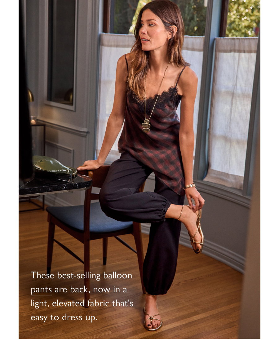 Image of model in the best-selling balloon pants that are back, now in a light, elevated fabric that's easy to dress up, from EVEREVE.