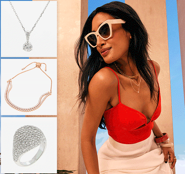 A model wearing sunglasses with three images of crystal pieces of jewellery.