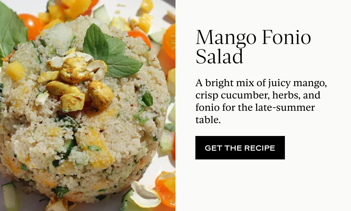 Mango Fonio Salad: A bright mix of juicy mango, crisp cucumber, herbs, and fonio for the late-summer table.