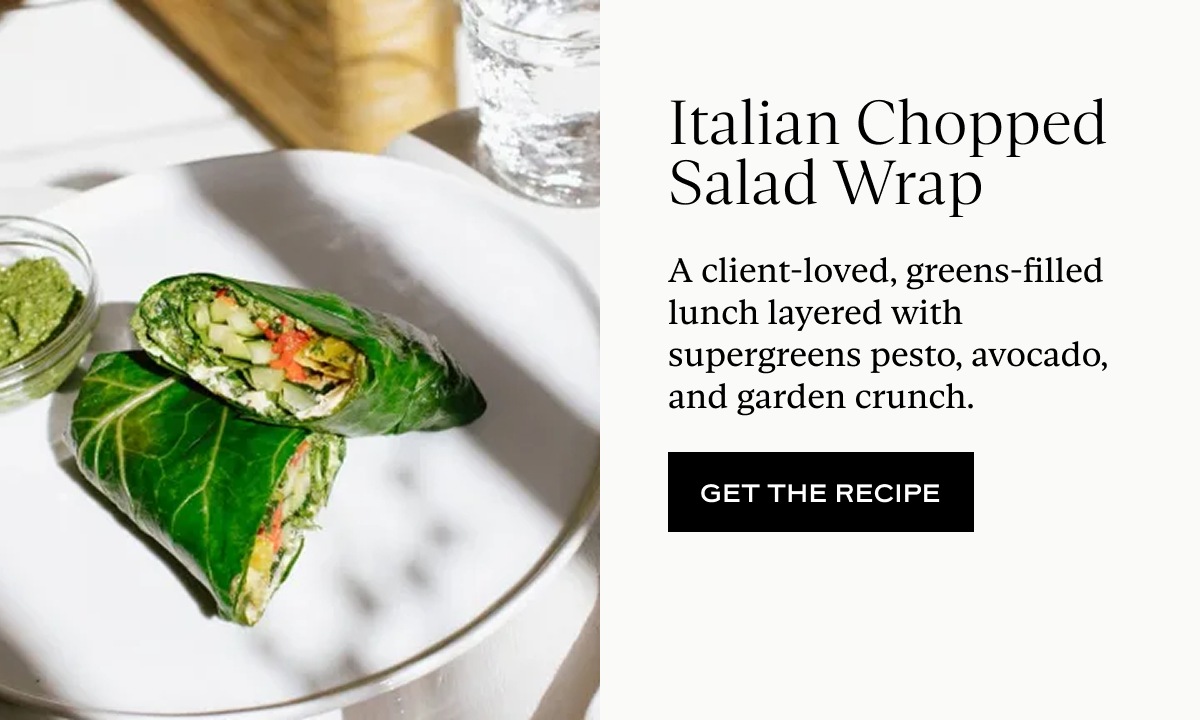 Italian Chopped Salad Wrap: A client-loved, greens-filled lunch layered with supergreens pesto, avocado, and garden crunch.