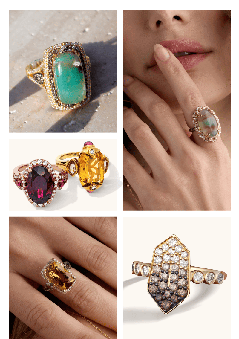 A collage of different gemstone rings. 