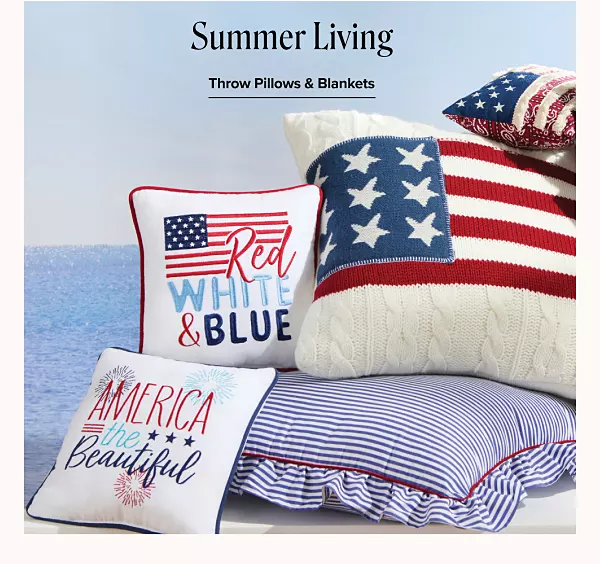 Summer Living. Shop throws, pillows and blankets. A matching set of USA themed throw pillows.