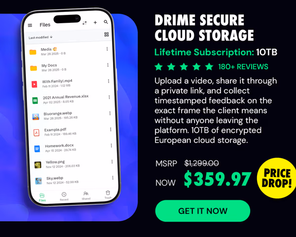 Drime Secure Cloud Storage: Lifetime Subscription (Advanced++ Plan/10TB)