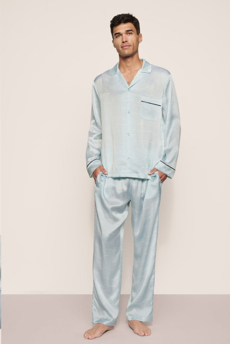 Charles Washable Silk Printed Long PJ Set - Waves Memorable Blue/Navy