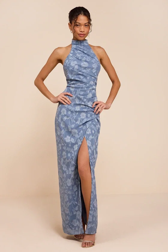 Image of Felicia Slate Blue Floral Burnout Column Maxi Dress