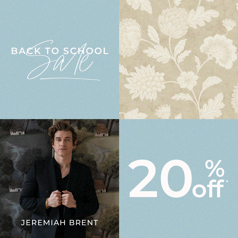 gif image of designers shown with their Tempaper wallpaper collections, including Bobby Berk, Novogratz, Jeremiah Brent, She She and Pure Salt. Text "Back to School Sale 20% off*"