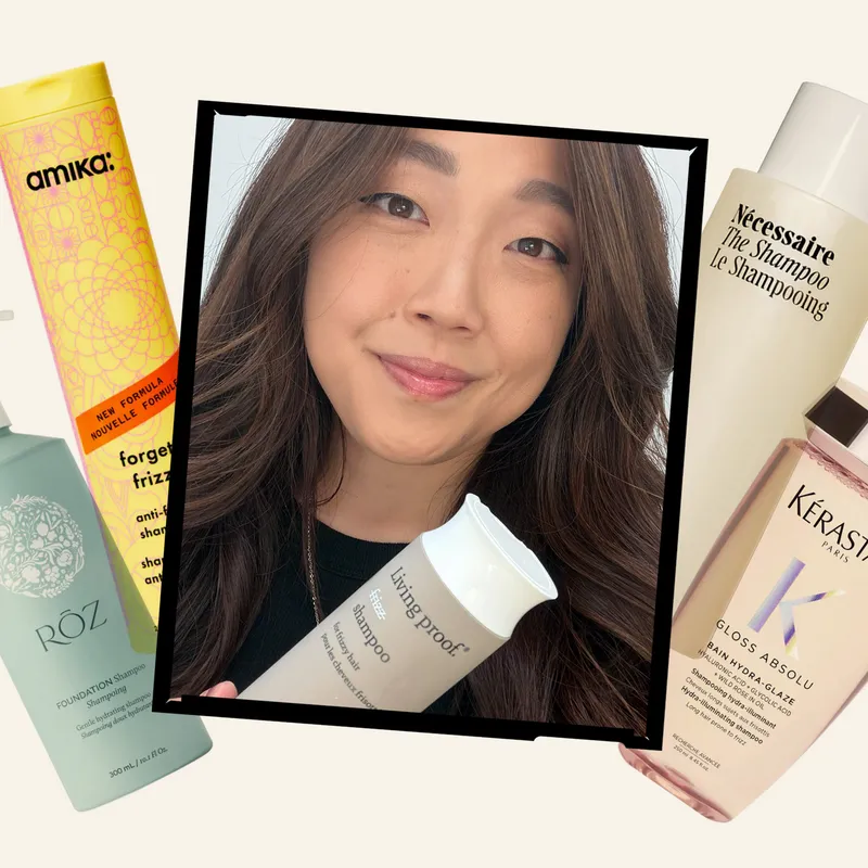 Image contains an Allure editor holding the Living Proof No Frizz Shampoo surrounded by a collage of the best shampoos for frizzy hair silos
