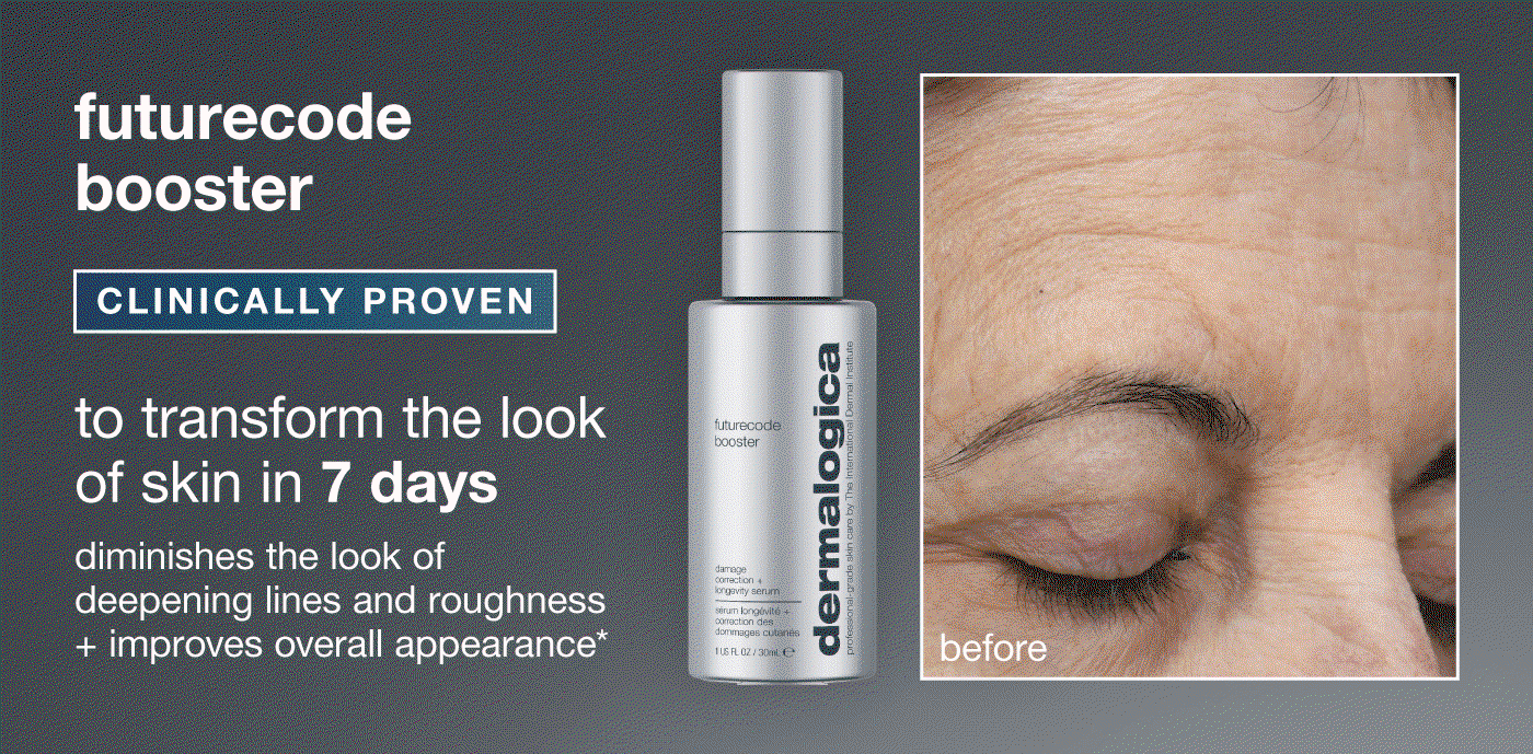 futurecode booster | clinically proven to transform the look of skin in 7 days | diminihses the looks of deepening lines and roughness + improve overall appearance * | before | after 1 week