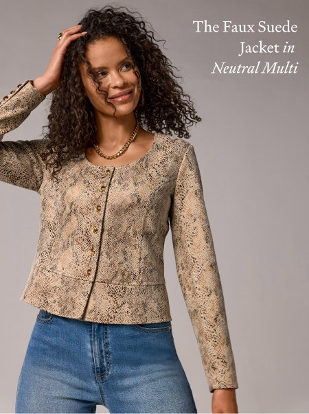 Snake Faux Suede Tiger Eye Button Front Scoop-neck Jacket
