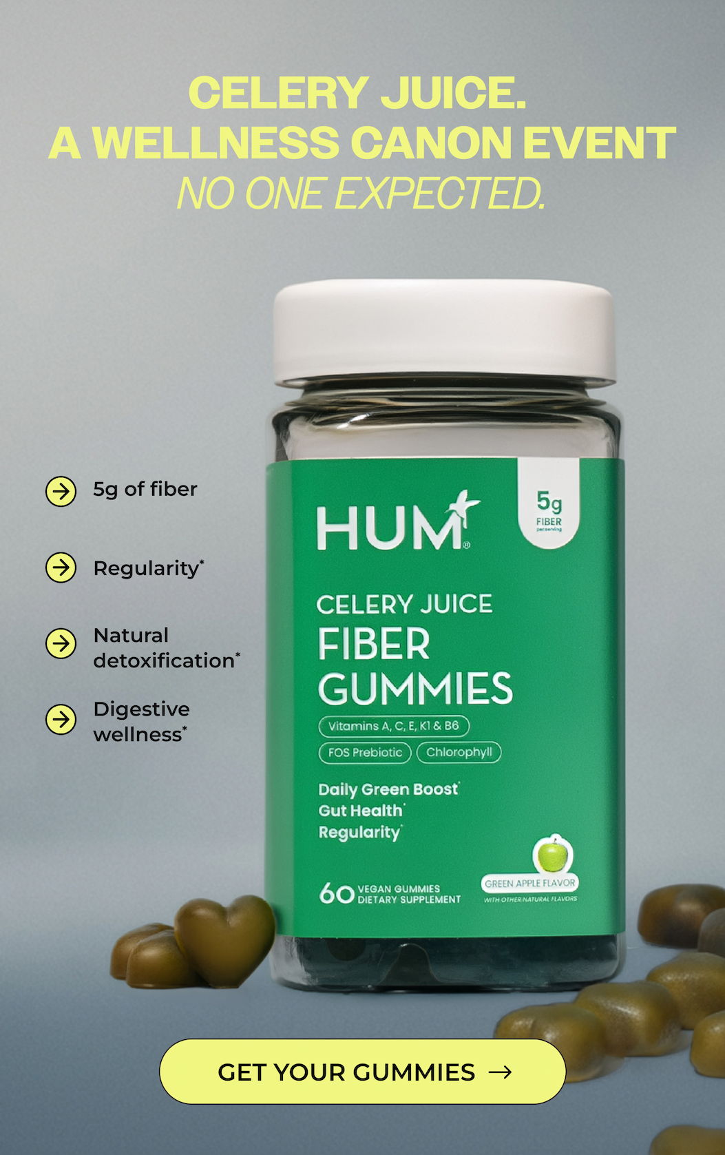 Celery Juice FIber Gummies support regularity and deliver 5g of fiber per serving