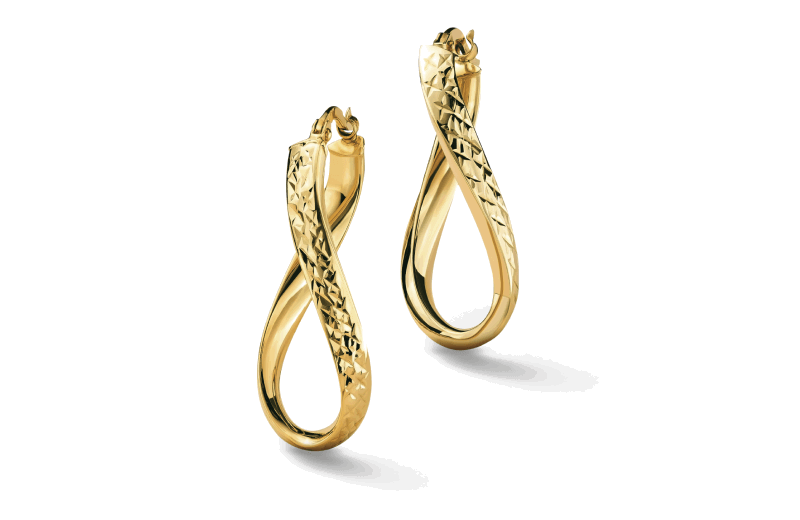Yellow gold twisted teardrop hoop earrings with diamond-cut detailing.