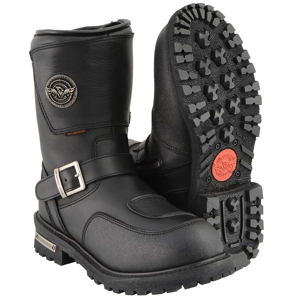 Image of Milwaukee Leather Men's Black Wide Width 9-inch Waterproof Engineer Leather Biker Boots with Reflective Piping MBM9071WP