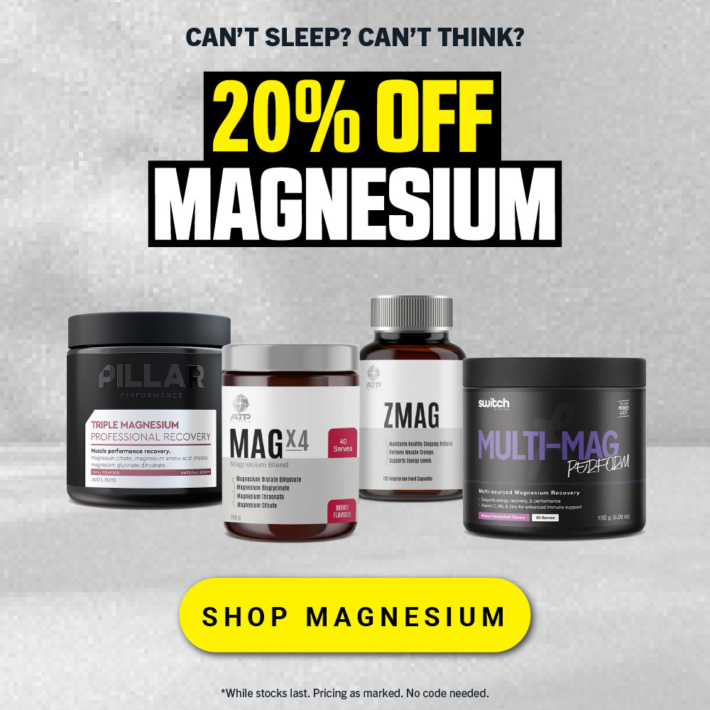 Magnesium supplement products with promotional text on a gray background
