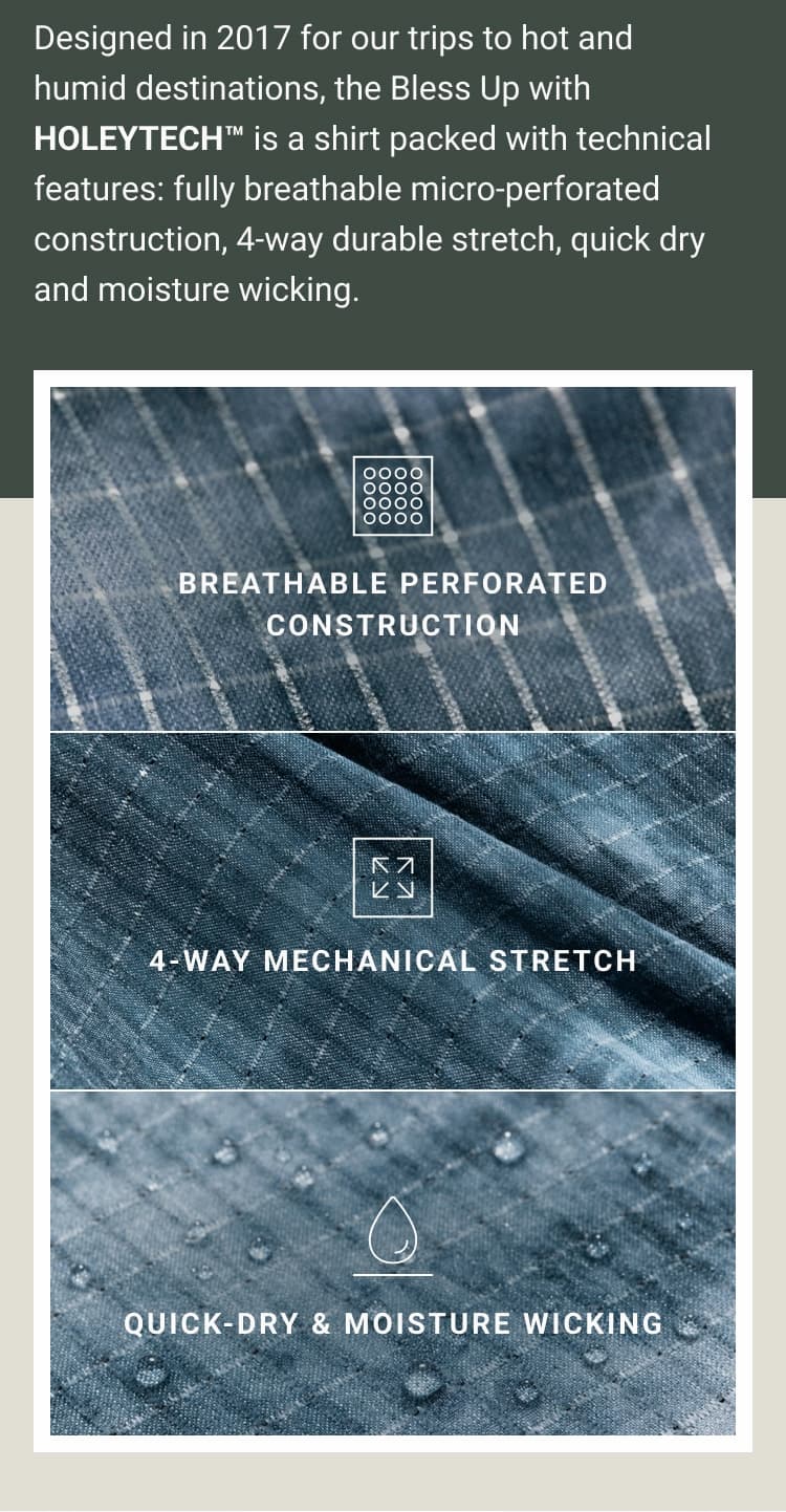 The Bless Up with HOLEYTECH is a shirt packed with technical features.