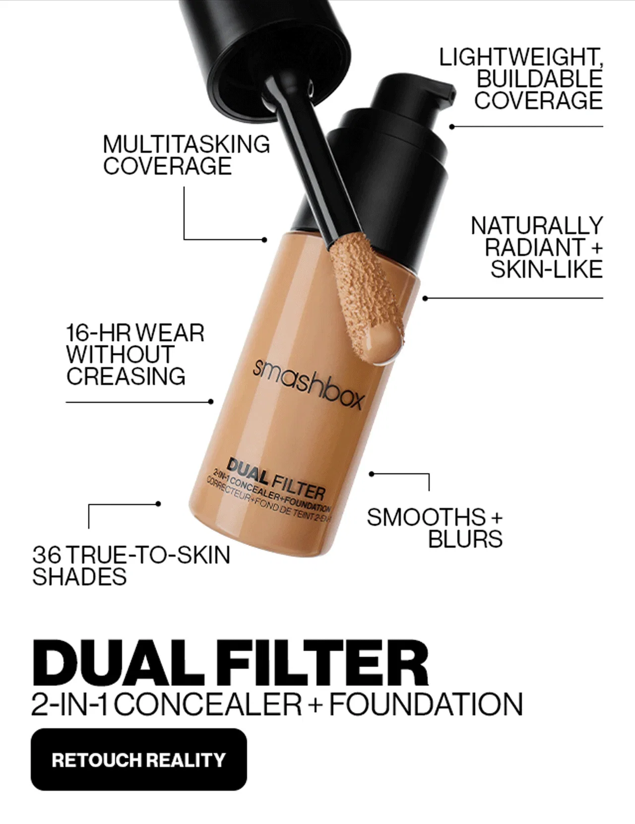 LIGHTWEIGHT, BUILDABLE COVERAGE | NATURALLY RADIANT + SKIN-LIKE | SMOOTHS + BLURS | 36 TRUE-TO-SKIN SHADES | 16-HR WEAR WITHOUT CREASING | MULTITASKING COVERAGE | DUAL FILTER 2-IN-1 CONCEALER + FOUNDATION | RETOUCH REALITY