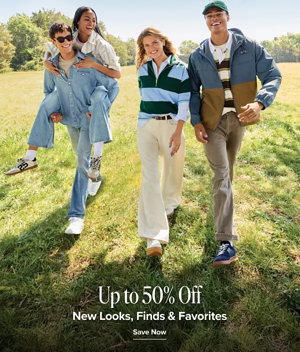 Up to 50% off new looks, finds and favorites. Save now. A group of people walking outside in a park.