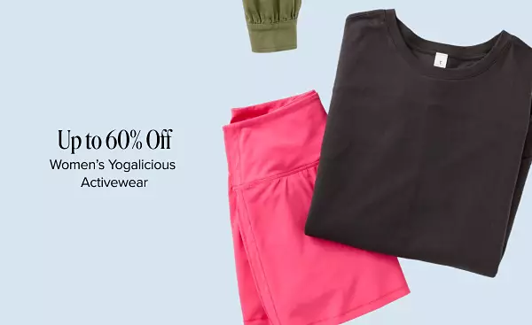 50% off womens Yogalicious activewear. Shop now. A black shirt and pink athletic shorts.