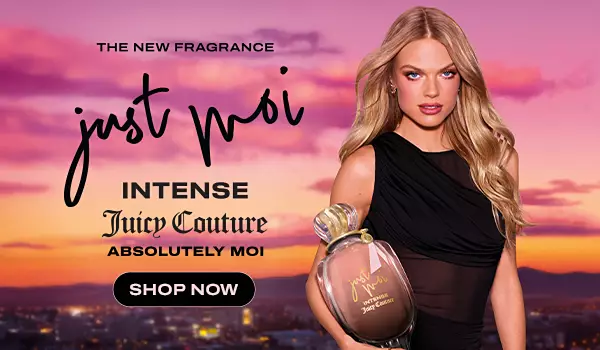 Image of a woman holding a bottle of perfume. The new fragrance. Just Moi Intense. Juicy Couture logo. Absolutely moi. Shop now.