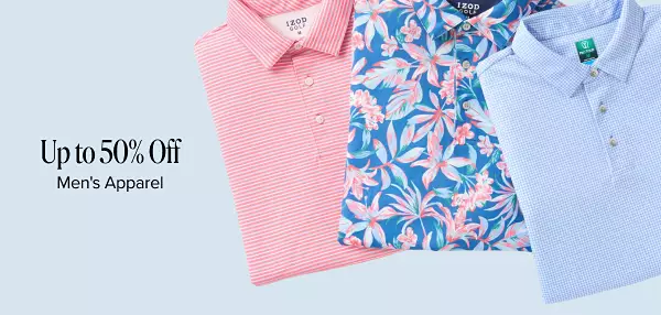 Up to 50% off mens apparel. Shop now. Three polo shirts.