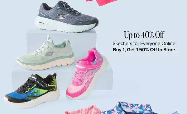 Up to 40% off Skechers for everyone online. Buy one, get one 50% off in store. Shop now. Various pairs of shoes.