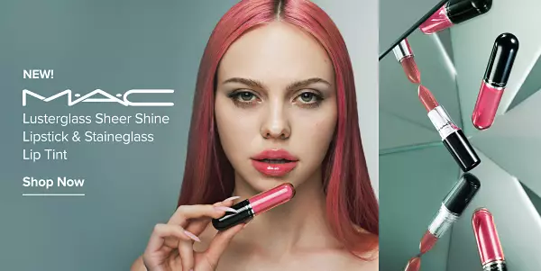New. MAC Lusterglass Sheer Shine Lipstick and Stainglass Lip Tint. Shop now. A girl wearing pink lipstick.