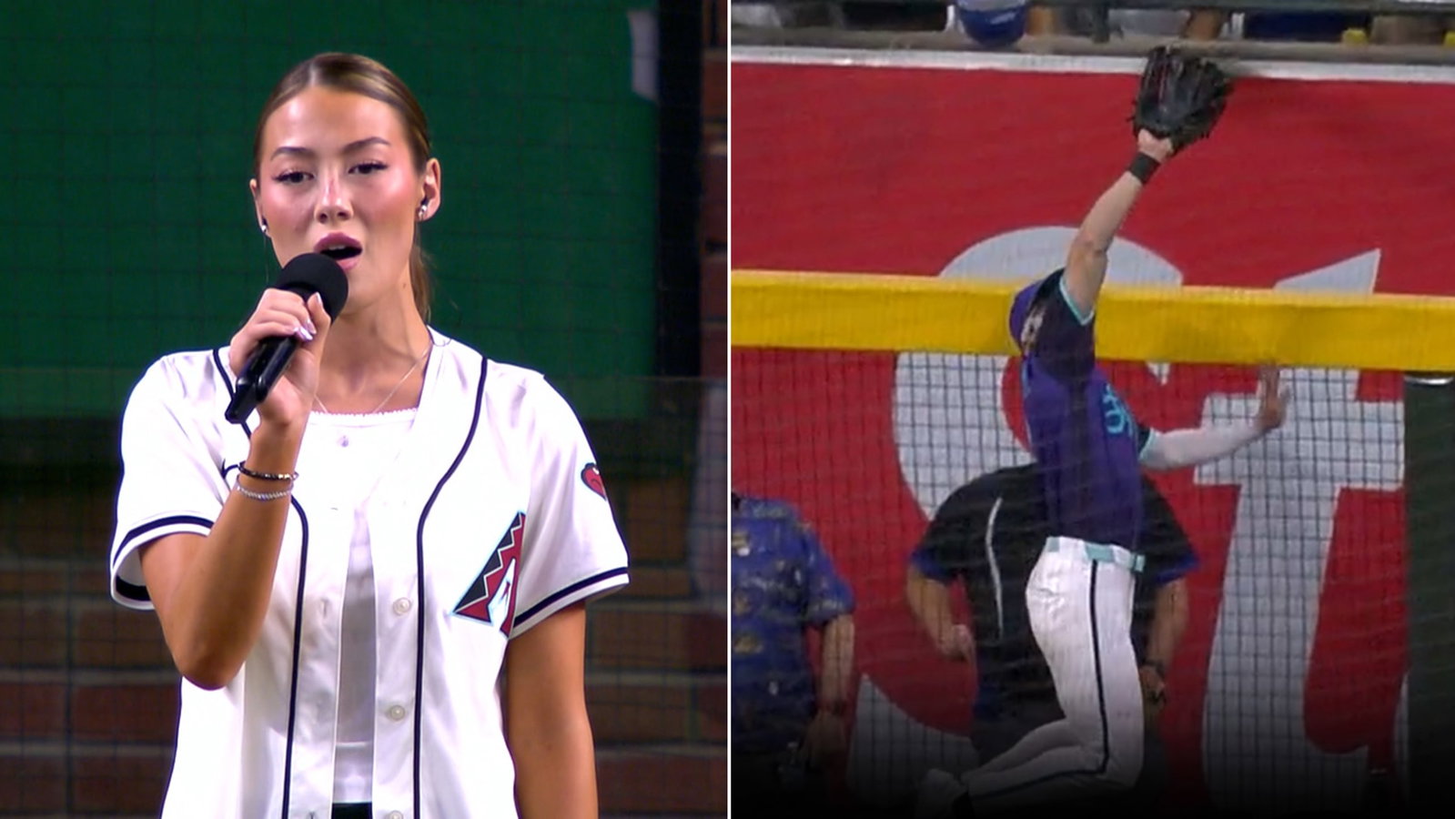 Images of Emma Broyles singing the national anthem and Corbin Carroll robbing a home run