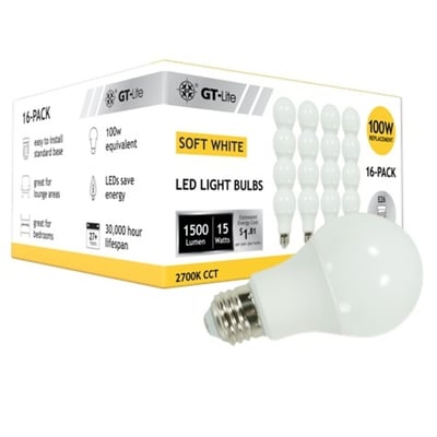 GT Lite LED A19 Light Bulbs, 16-Pk., 1500 Lumens, 15 Watts, Soft White 2700K, E26 Base, Model# GT-A19-100W16P-SW