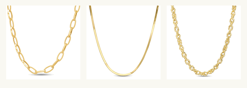 Three variations of gold necklaces including herringbone & link chains.