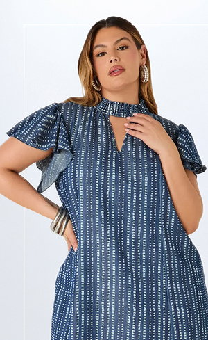 Printed Keyhole Chambray Dress