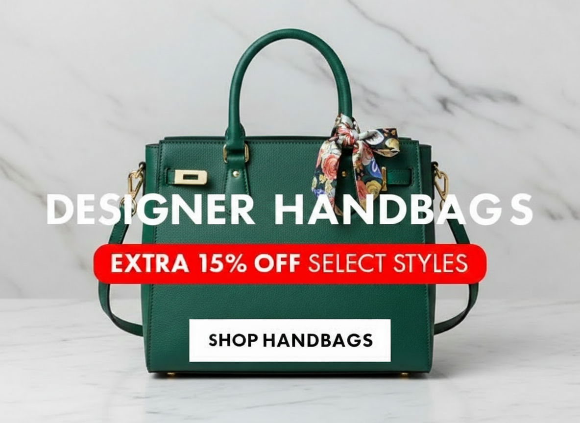 Green designer handbag with "Extra 15% Off Select Styles" and "Shop Handbags" text.