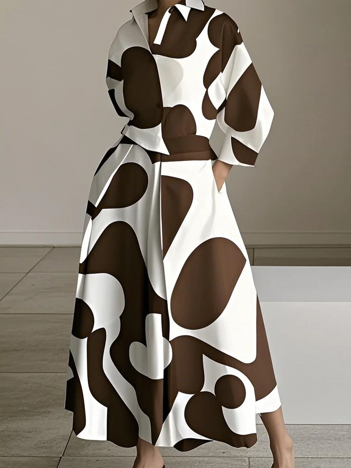 Urban Color Block Printing Shirt Collar Midi Dress