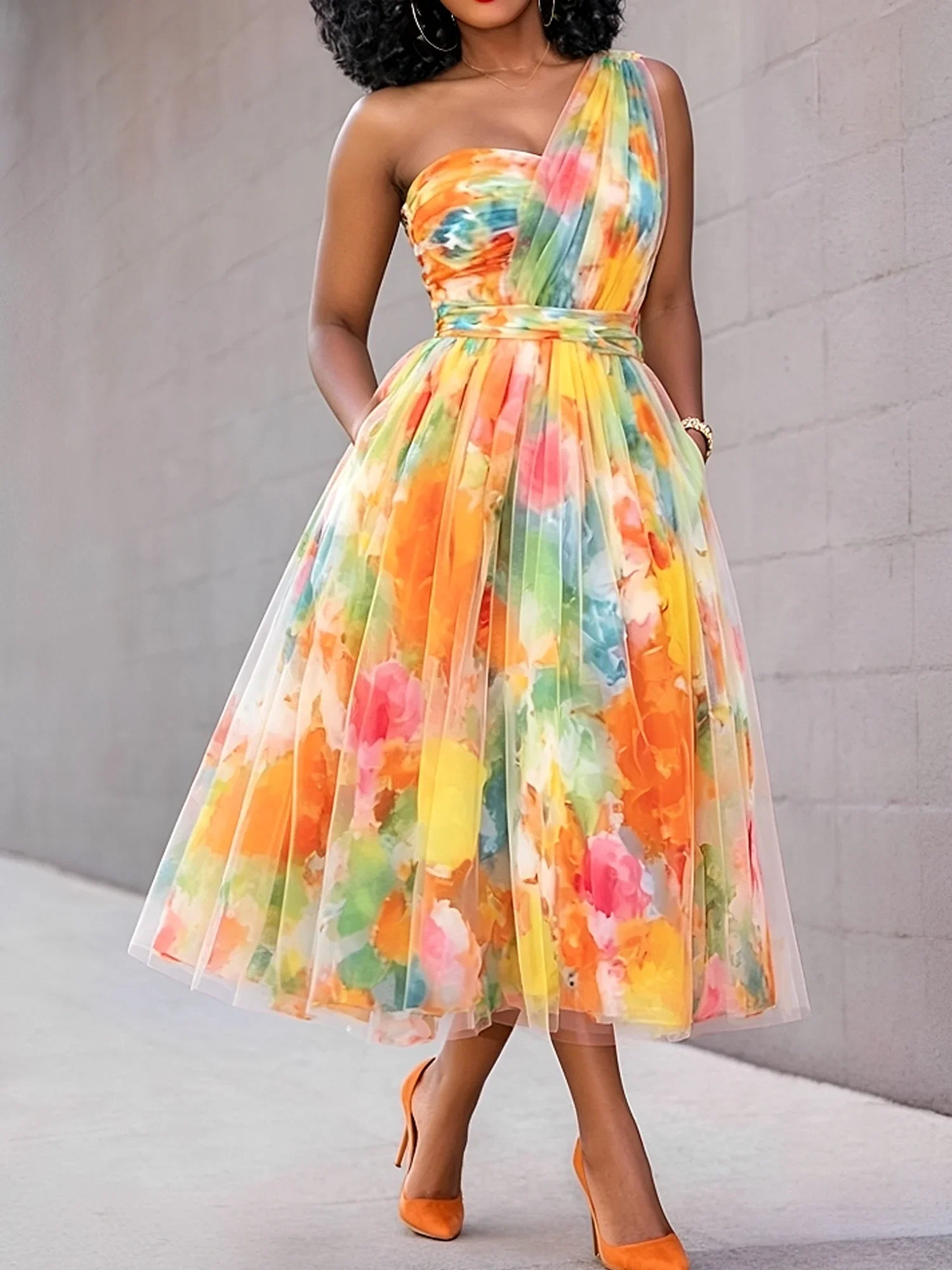 Elegant Floral Irregular Craftsmanship One Shoulder Midi Dress