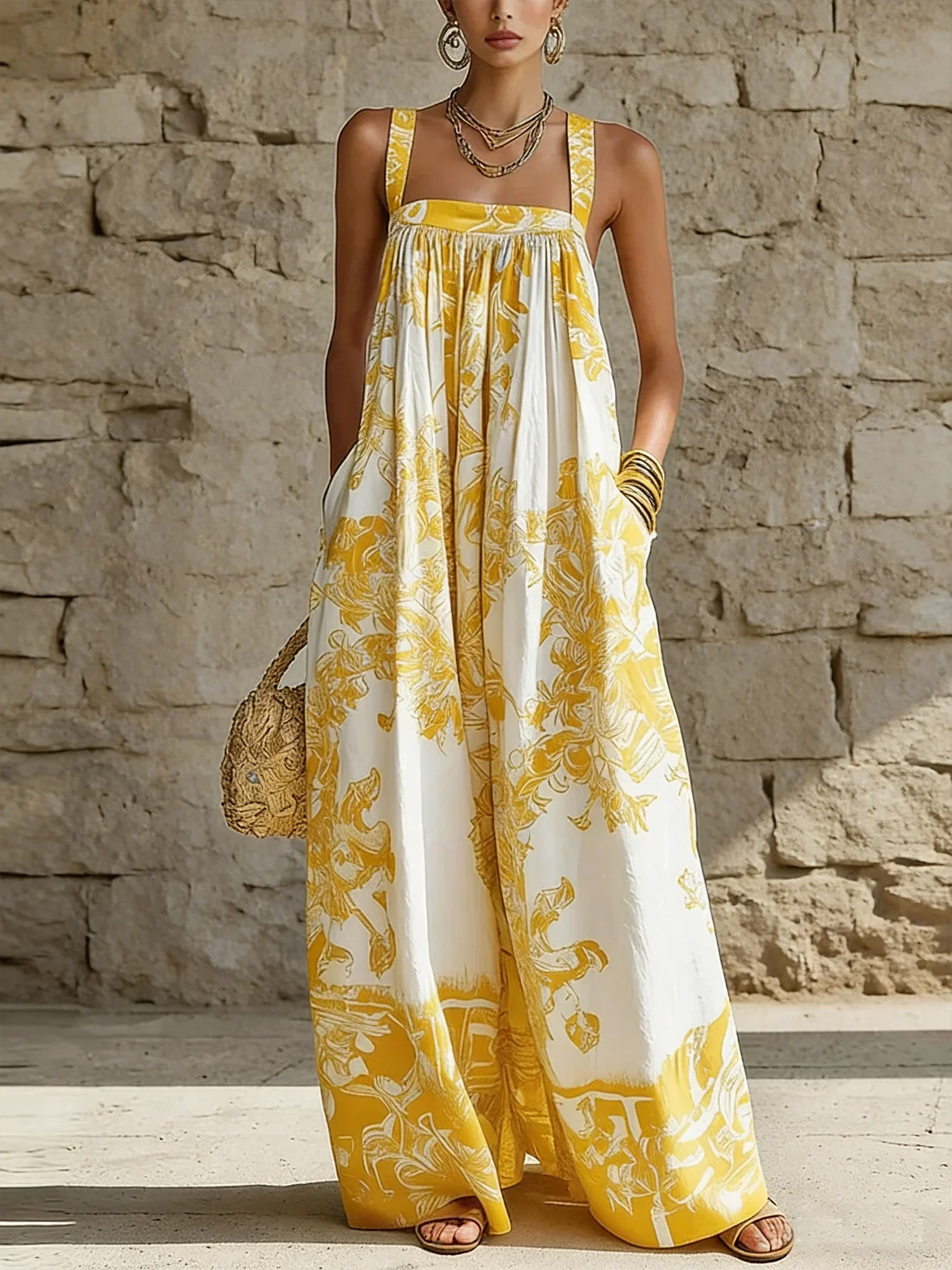 Vacation Printing Floral Square Neck Jumpsuit