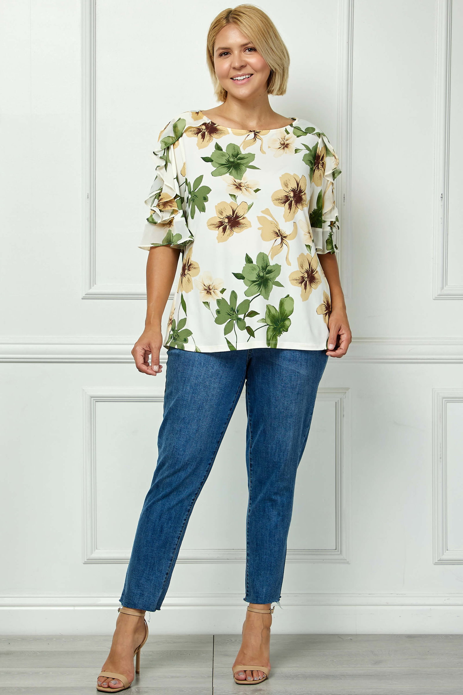 Image of Ruffle Cold Shoulder Boat Neck Blouse in Cream/Green/Brown - Plus