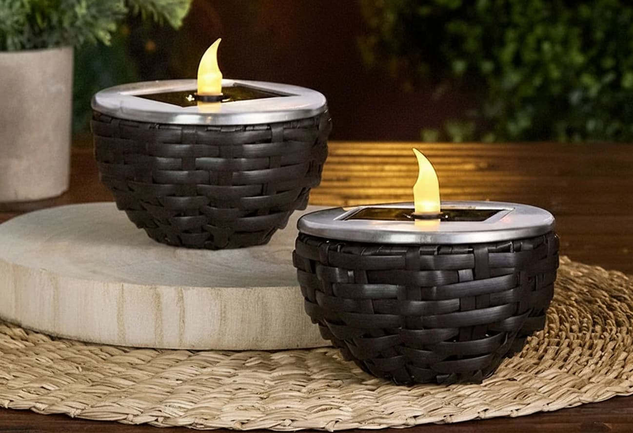 Solar Rattan-Like Candle Flame Lamp - Set of 2